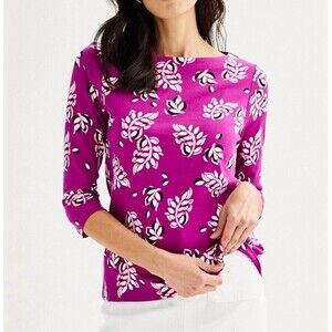 Croft & Barrow Women's Size XXL Plum Leaf Boatneck Top 3/4 Sleeve NWT Cotton GD
